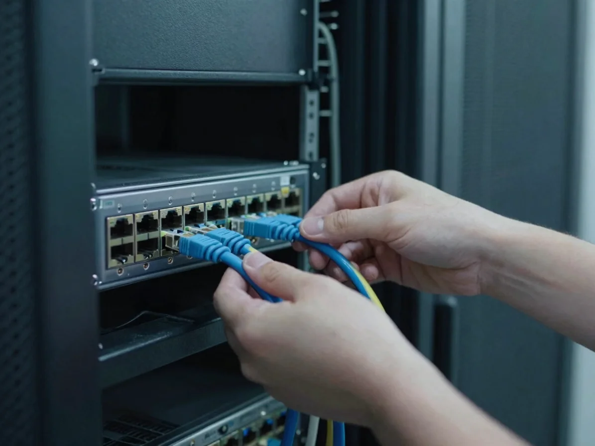 Close detail of hands inserting a network cable into a rack-mount