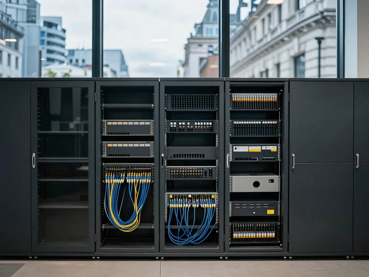 Wide view of a contemporary London office IT cupboard with tidy p