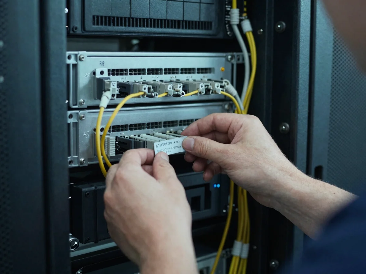 Close detail of a technician's hands at a server chassis with a l
