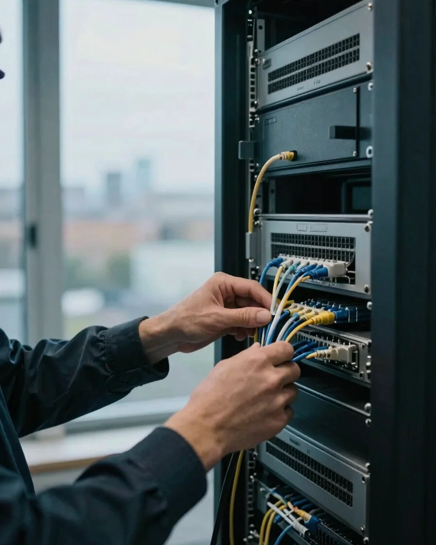 Editorial photograph of a single engineer's hands routing a netwo