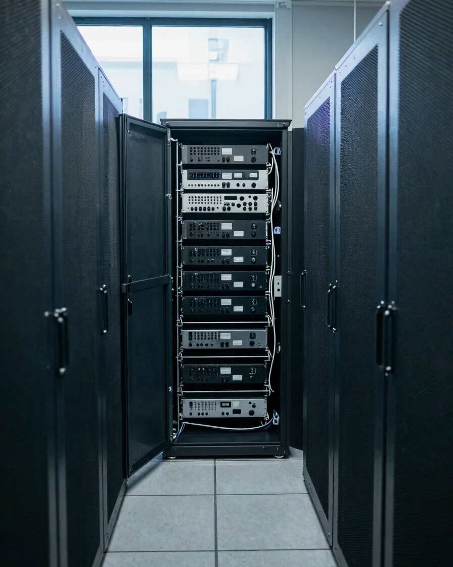 Wide editorial view of a contemporary London server room with cab