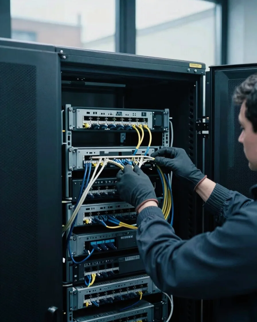 Editorial documentary photograph of a London server room, soft ov